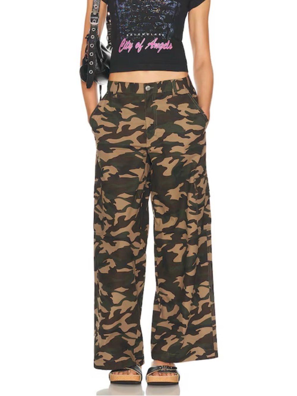 Sandy Liang Sorano Bow Embroidered Wide Leg Cargo Pants in Camo - Picture 2 of 6